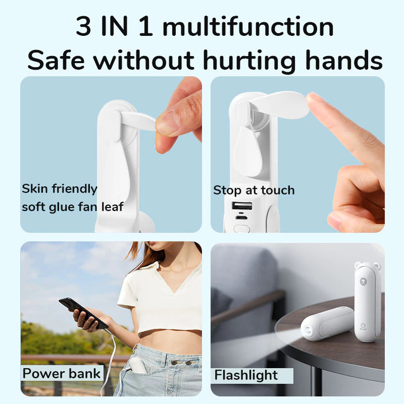 Portable and USB Rechargeable Handheld Pocket Size Mini Fan with Power Bank Flashlight Feature