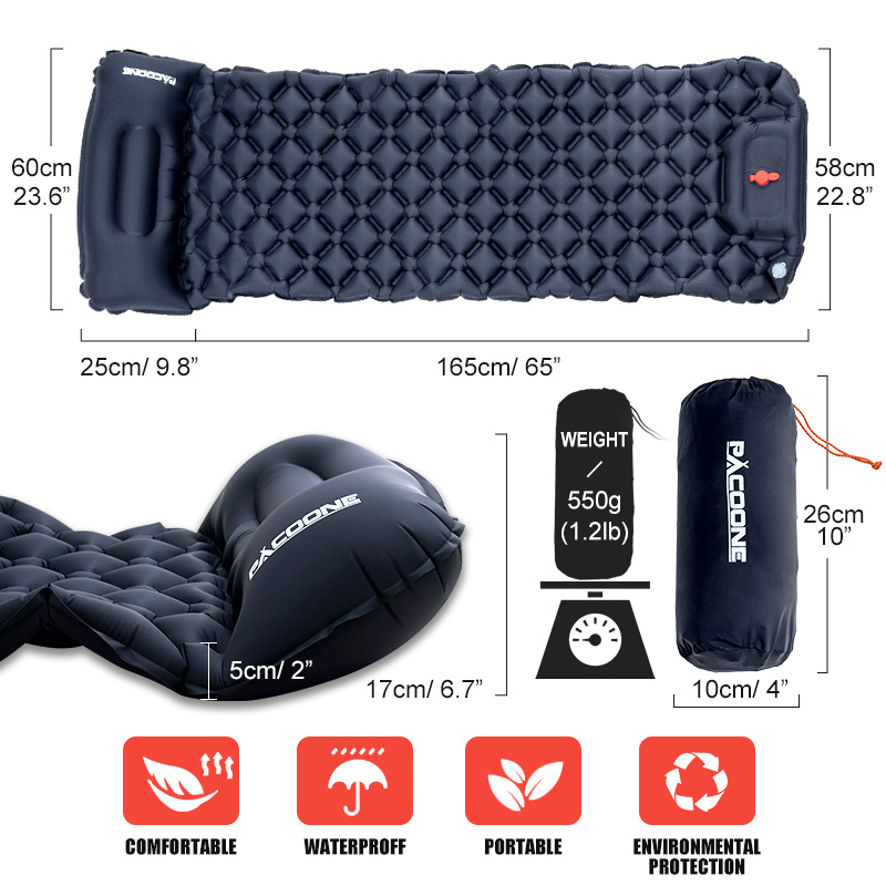 Essetial Outdoor Camping Sleeping Pad - Ultralight Inflatable Mattress with Built-in Inflator Pump and Pillow