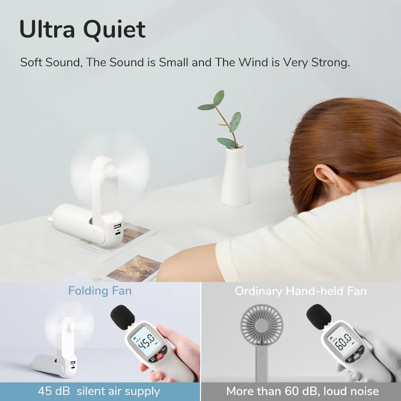 Portable and USB Rechargeable Handheld Pocket Size Mini Fan with Power Bank Flashlight Feature
