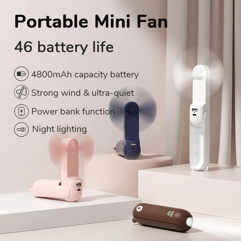 Portable and USB Rechargeable Handheld Pocket Size Mini Fan with Power Bank Flashlight Feature
